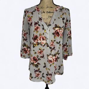 Princess Vera‎ Wang Floral Top Blouse Sz L Gray Romantic Bloomcore Office Career